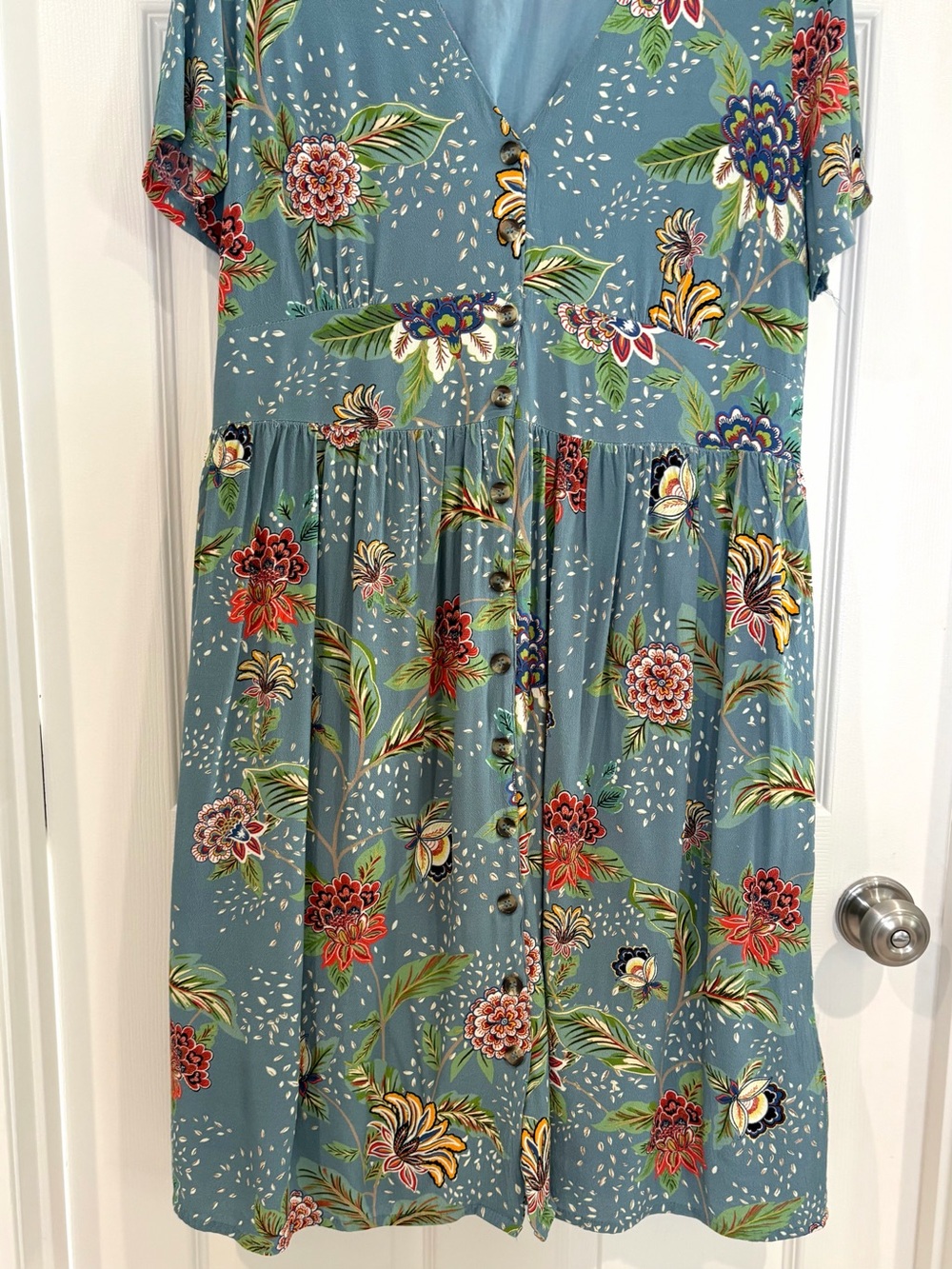 Joanie Blue Floral V-Neck Button-Front Midi Dress US 12 Pockets Vintage Inspired - Picture 6 of 13